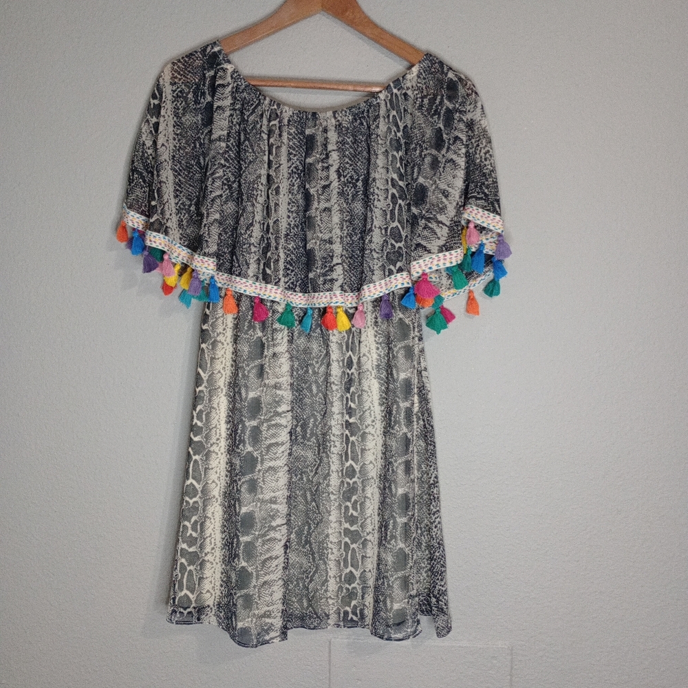 Judith March snakeskin animal print off the shoulder tassel sun dress